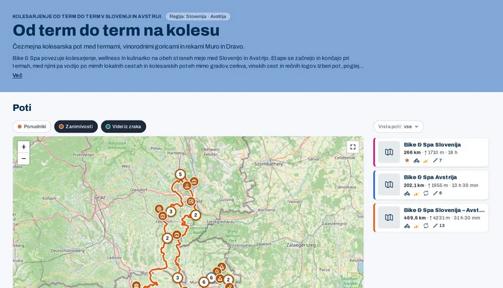 Stran destinacije v Spotvibez: kolesarske poti med termami na interaktivnem zemljevidu, z etapami, ponudniki in znamenitostmi
