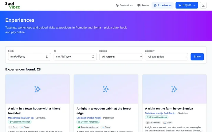 Spotvibez experience search with date, region and category filters