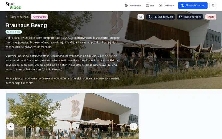 Stran ponudnika v Spotvibez s fotografijo, opisom, kontakti in stanjem odprtosti