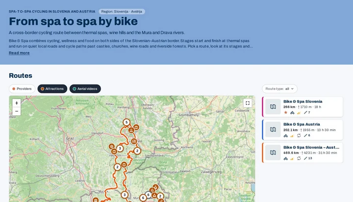 Spotvibez destination page with cycling routes between thermal spas on an interactive map