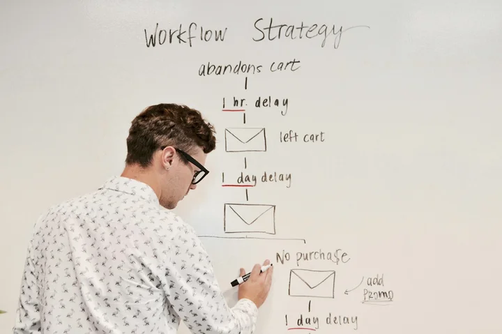 A specialist draws a workflow on a whiteboard
