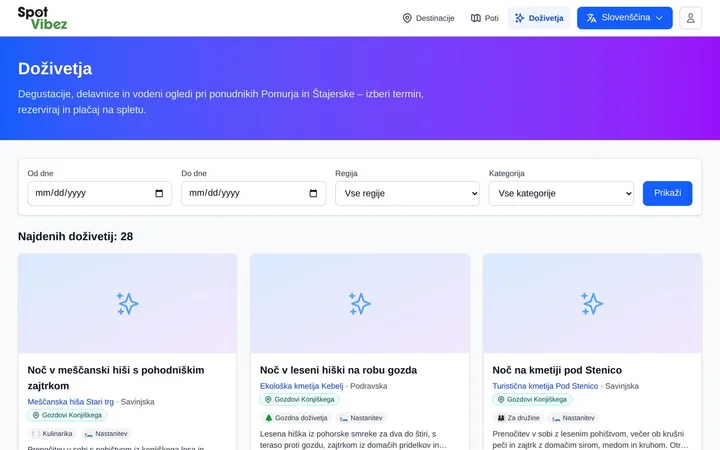 Iskanje doživetij v Spotvibez s filtri za datum, regijo in kategorijo